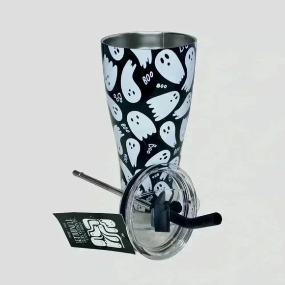 Wellness Double Wall Steel Black & White Tumbler Straw 30oz Halloween Boo Ghosts - Picture 1 of 3